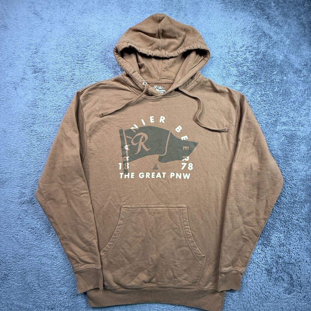 RAINIER Beer The Great PNW Brown Fleece Hoodie Mens M Brown Brewery Pullover